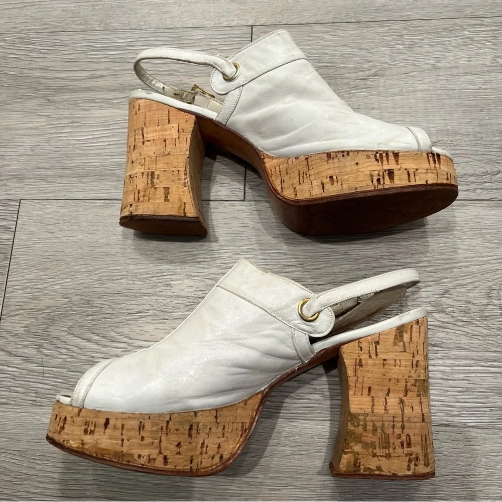 Vintage 70s PAVEL Leather Cork Platform Peep-Toe Chunky Heels White Size 6N